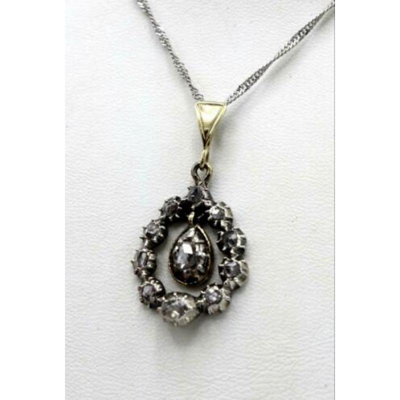 14 Karaat goud met zilveren hanger met roosdiamant ca.1880.