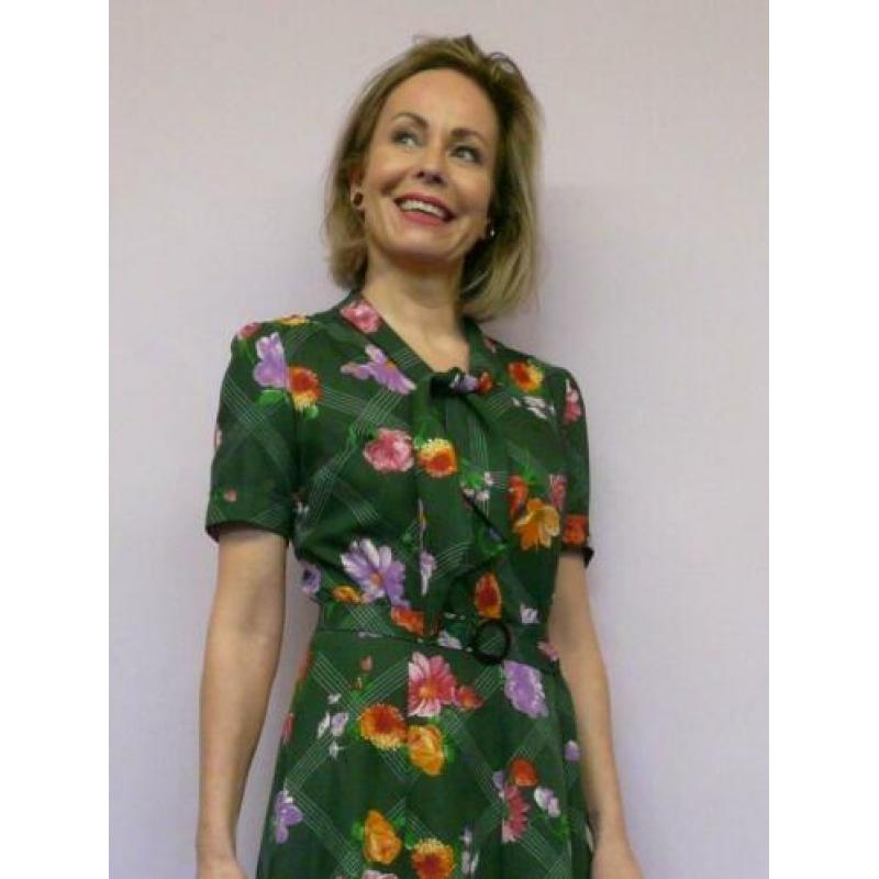 *Abfab Vintage Donkergroene Jurk met Bloemen 38*