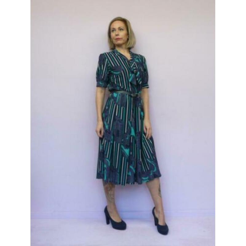 *Abfab Vintage Donkerblauwe Jurk met Print 44*