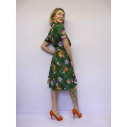 *Abfab Vintage Donkergroene Jurk met Bloemen 38*