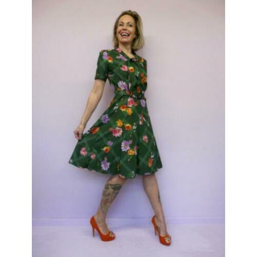 *Abfab Vintage Donkergroene Jurk met Bloemen 38*