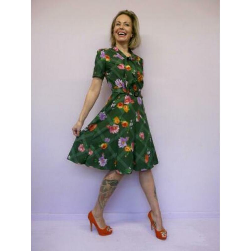 *Abfab Vintage Donkergroene Jurk met Bloemen 38*