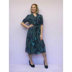 *Abfab Vintage Donkerblauwe Jurk met Print 44*