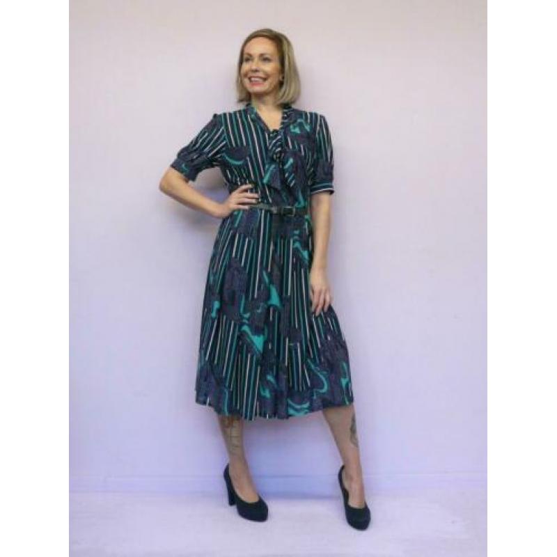 *Abfab Vintage Donkerblauwe Jurk met Print 44*