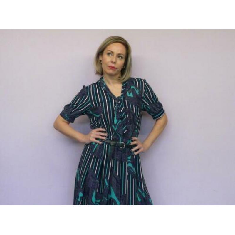 *Abfab Vintage Donkerblauwe Jurk met Print 44*