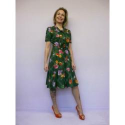 *Abfab Vintage Donkergroene Jurk met Bloemen 38*