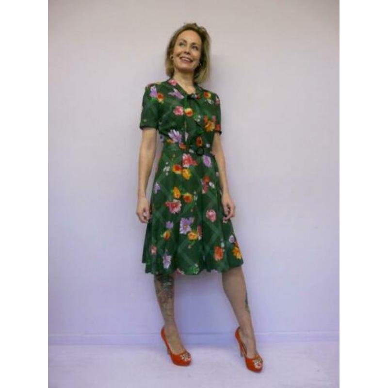 *Abfab Vintage Donkergroene Jurk met Bloemen 38*