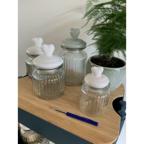 4 glazen voorraad potten hartjes glazen pot weckpot brocante