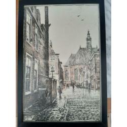 Lijst met prent, zwart, hout met glas