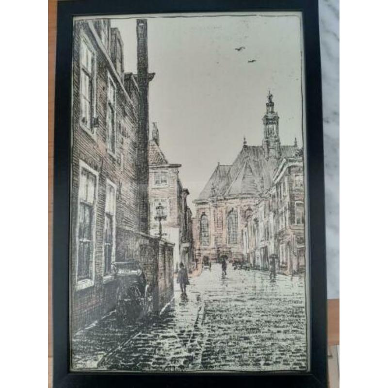Lijst met prent, zwart, hout met glas