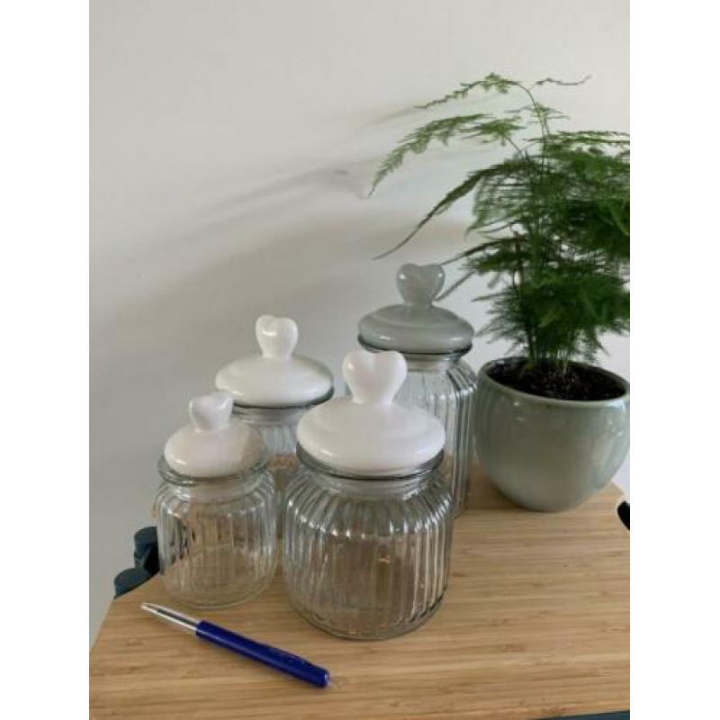 4 glazen voorraad potten hartjes glazen pot weckpot brocante