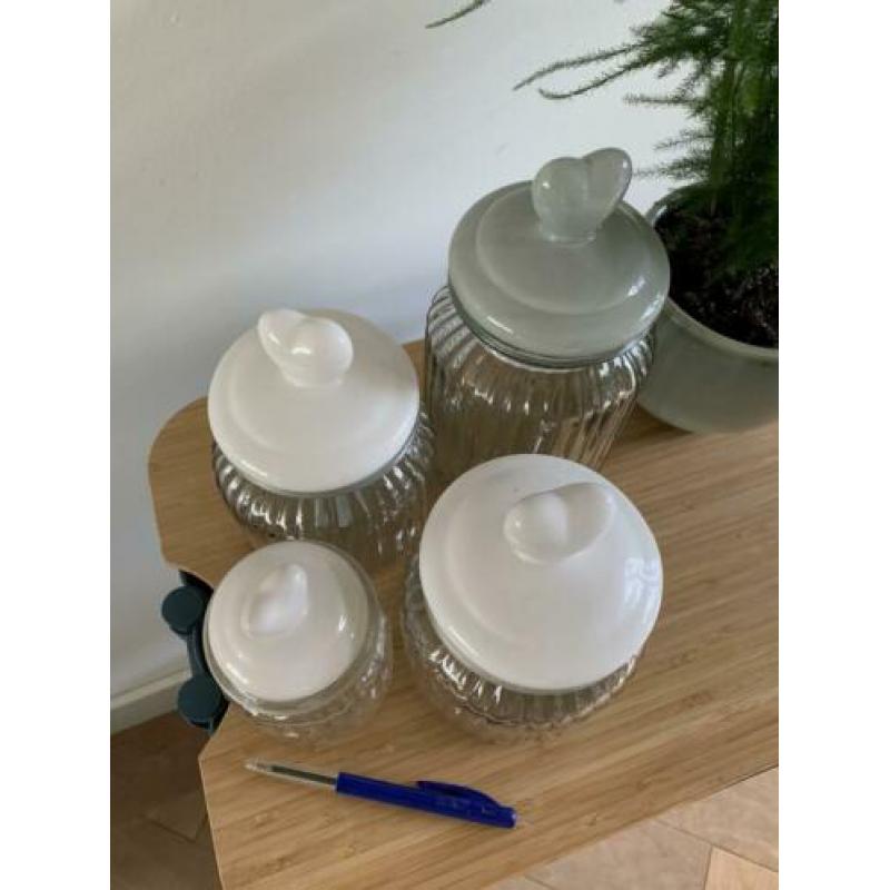 4 glazen voorraad potten hartjes glazen pot weckpot brocante