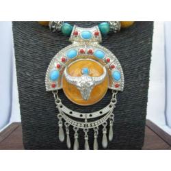 Vintage Tibetaanse ketting, Tibetaans zilver met tibet amber