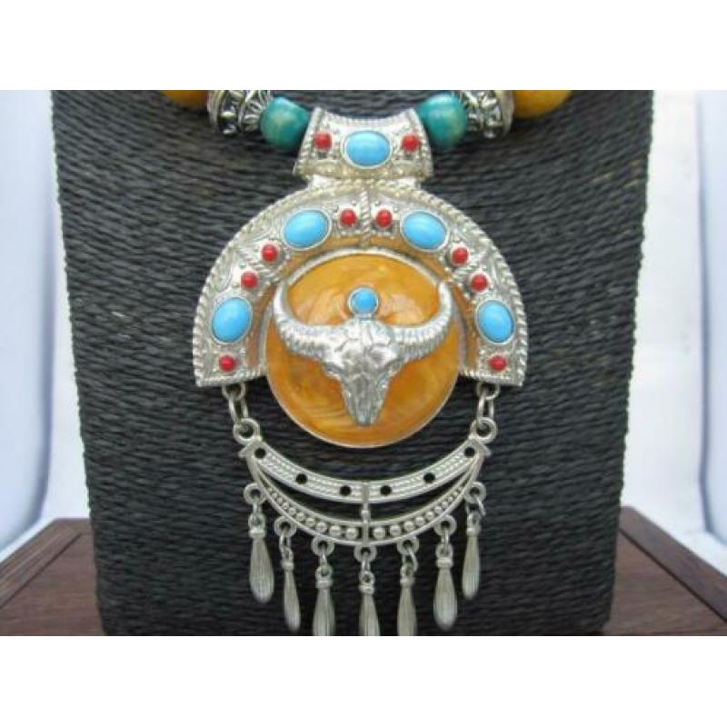 Vintage Tibetaanse ketting, Tibetaans zilver met tibet amber