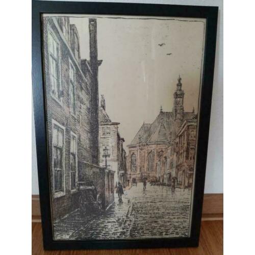 Lijst met prent, zwart, hout met glas