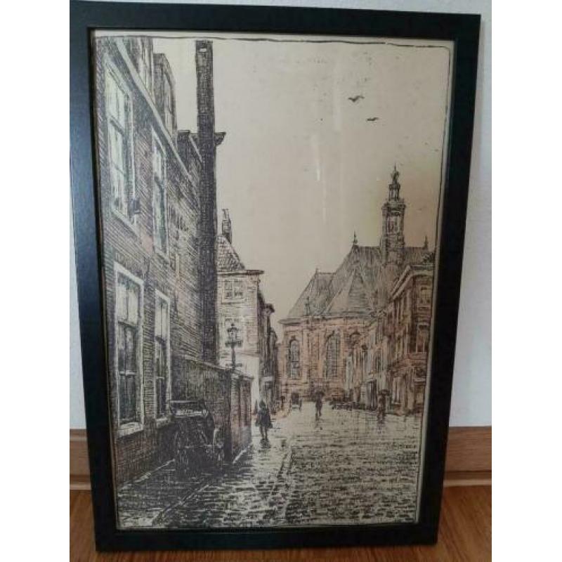 Lijst met prent, zwart, hout met glas
