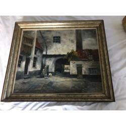 Antieke Lijst met Schilderij op doek met wasvrouw