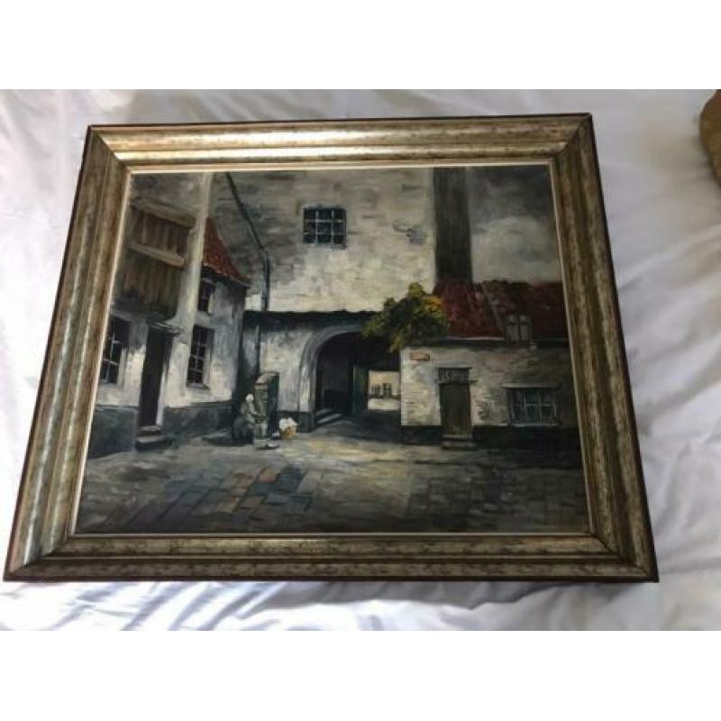 Antieke Lijst met Schilderij op doek met wasvrouw