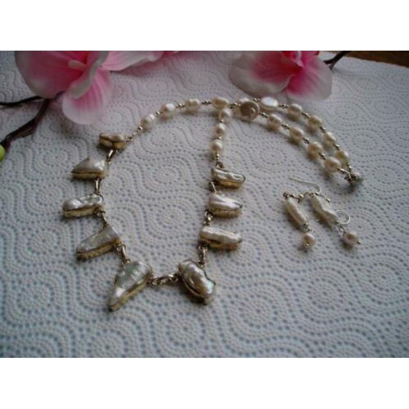 BIWA PARELS Ketting Verzilverd met Oorbellen