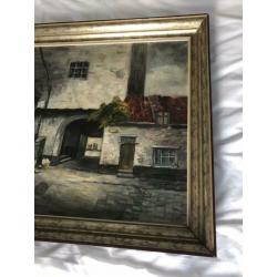 Antieke Lijst met Schilderij op doek met wasvrouw