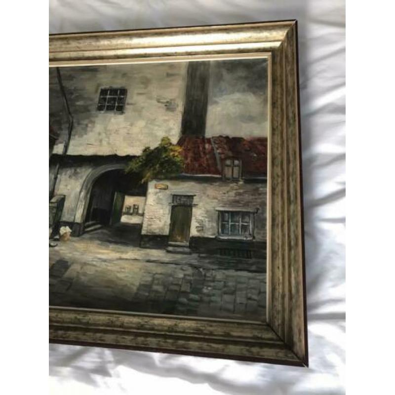 Antieke Lijst met Schilderij op doek met wasvrouw