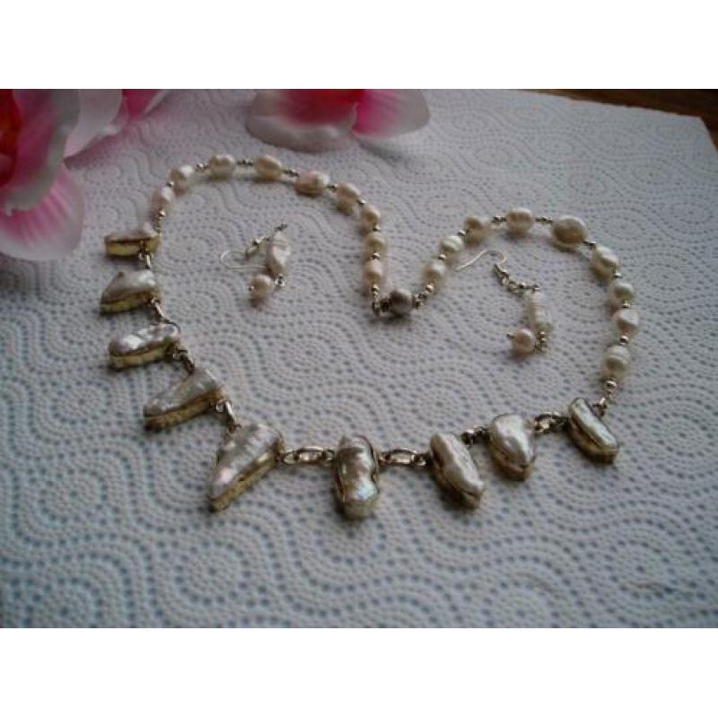 BIWA PARELS Ketting Verzilverd met Oorbellen