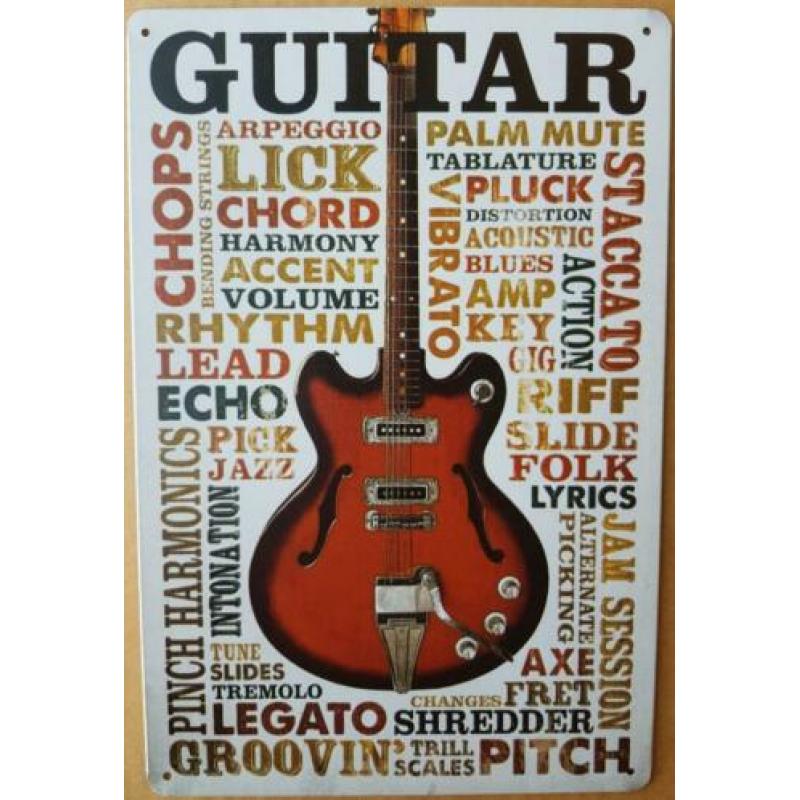 Guitar reclamebord wandbord van metaal vintage tekstbord