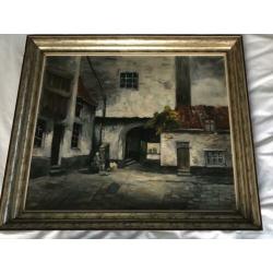 Antieke Lijst met Schilderij op doek met wasvrouw