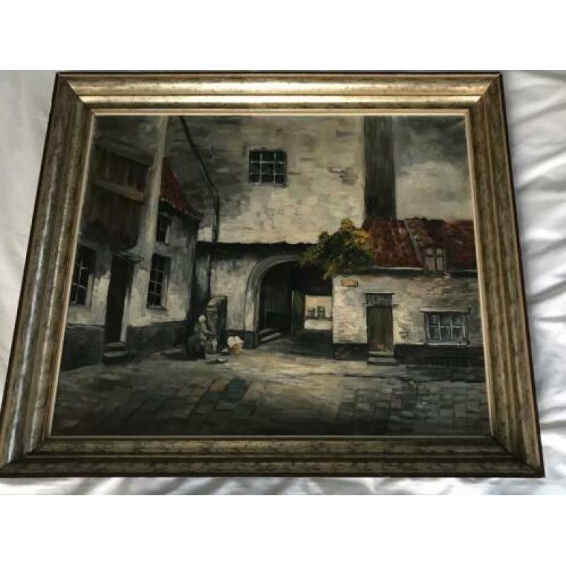 Antieke Lijst met Schilderij op doek met wasvrouw
