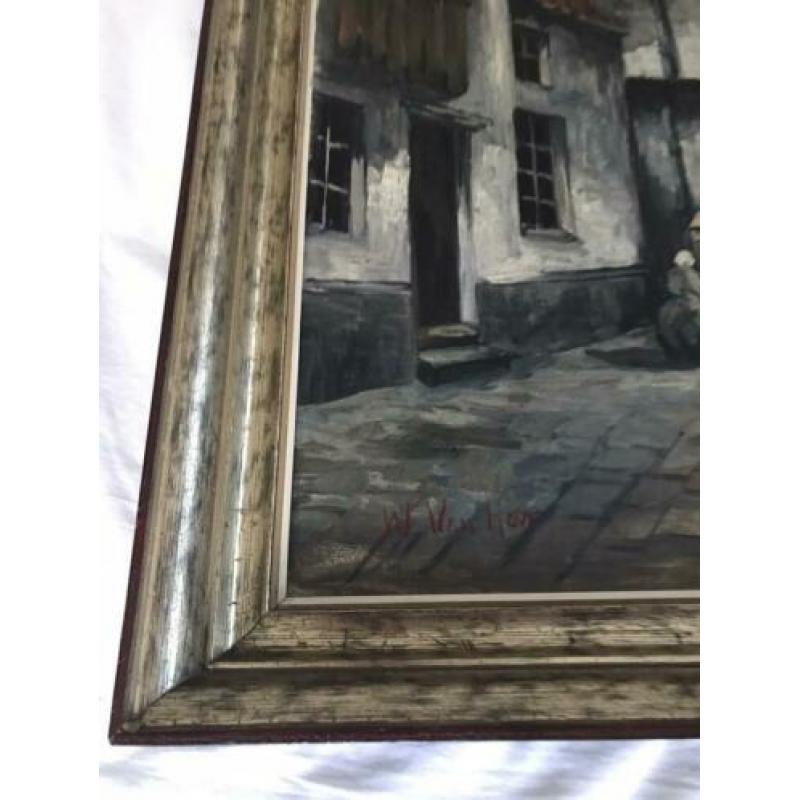 Antieke Lijst met Schilderij op doek met wasvrouw