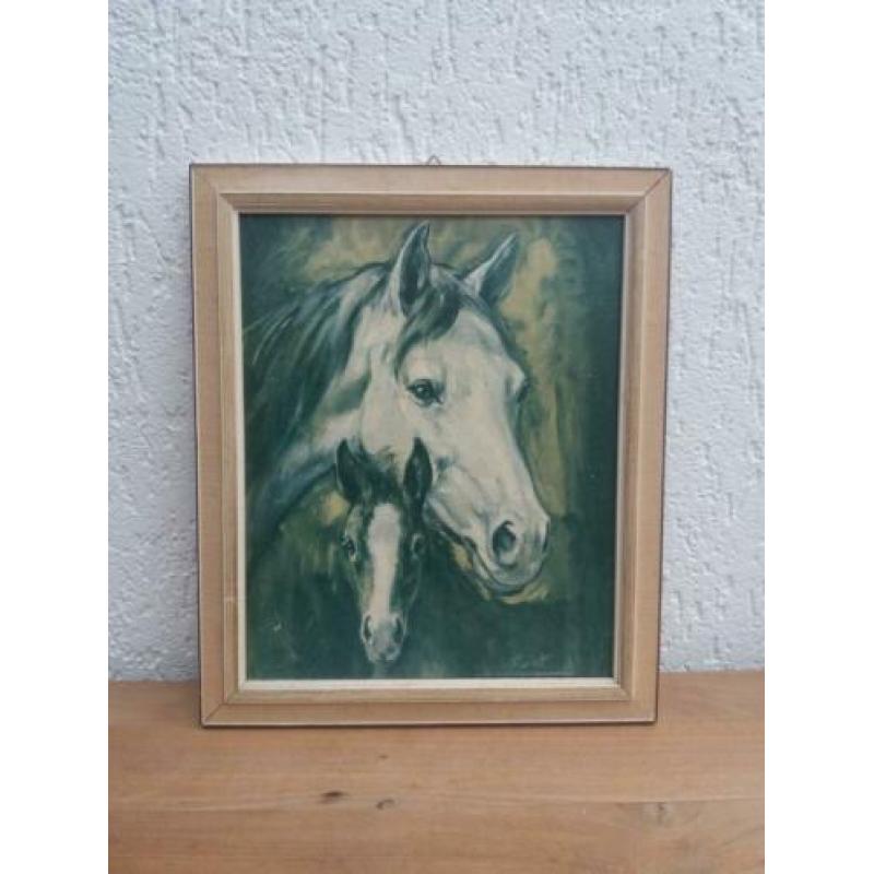 Vintage prent paarden. Retro schilderij. Brocant