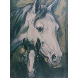 Vintage prent paarden. Retro schilderij. Brocant