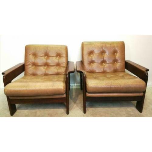 2 Fauteuils, leder, beige, teakhout, Scandinavisch, vintage