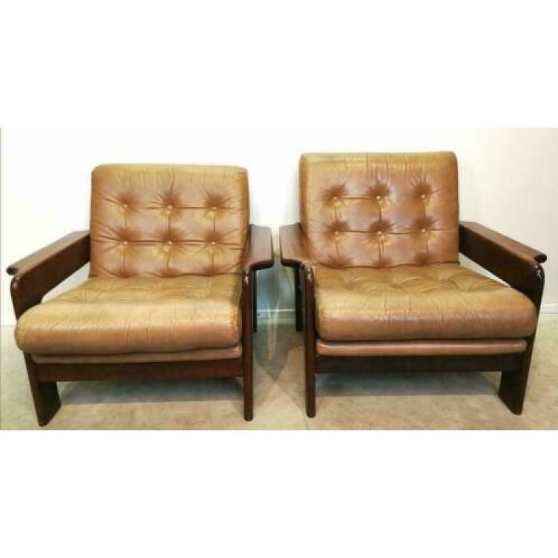 2 Fauteuils, leder, beige, teakhout, Scandinavisch, vintage