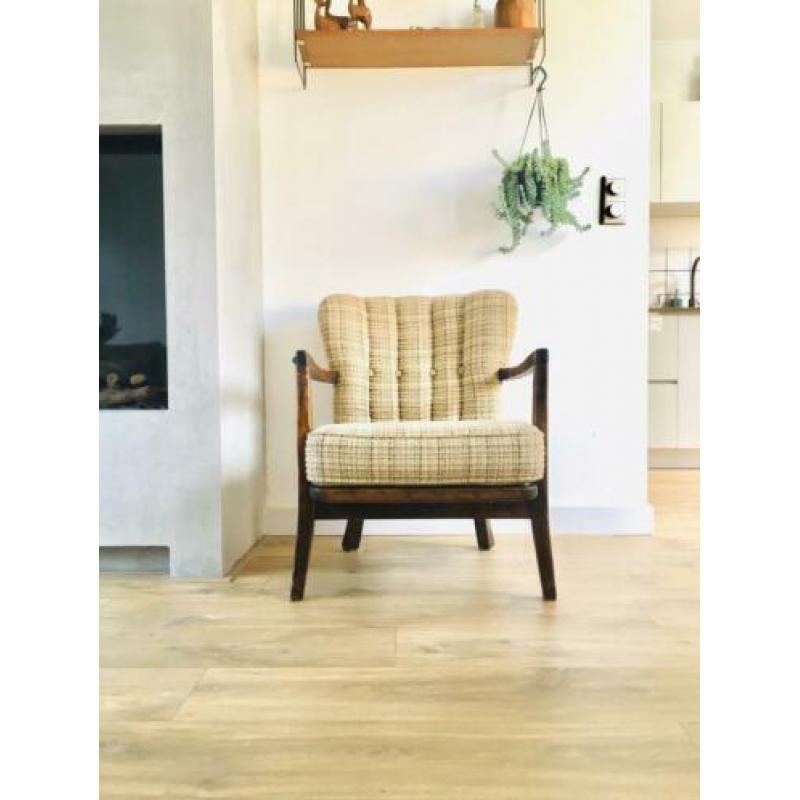 Vintage fauteuil club stoel cocktail stof beige retro antiek
