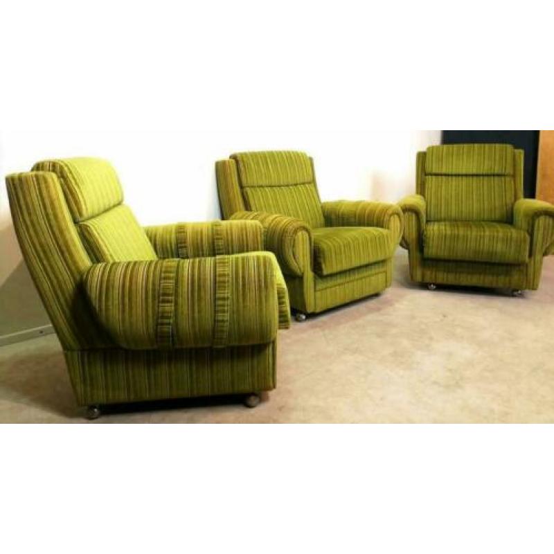 Fauteuils, 3 stuks, groene rib stof, Duitsland, vintage