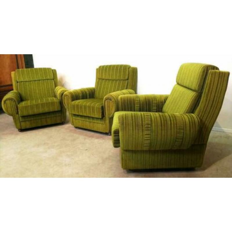 Fauteuils, 3 stuks, groene rib stof, Duitsland, vintage