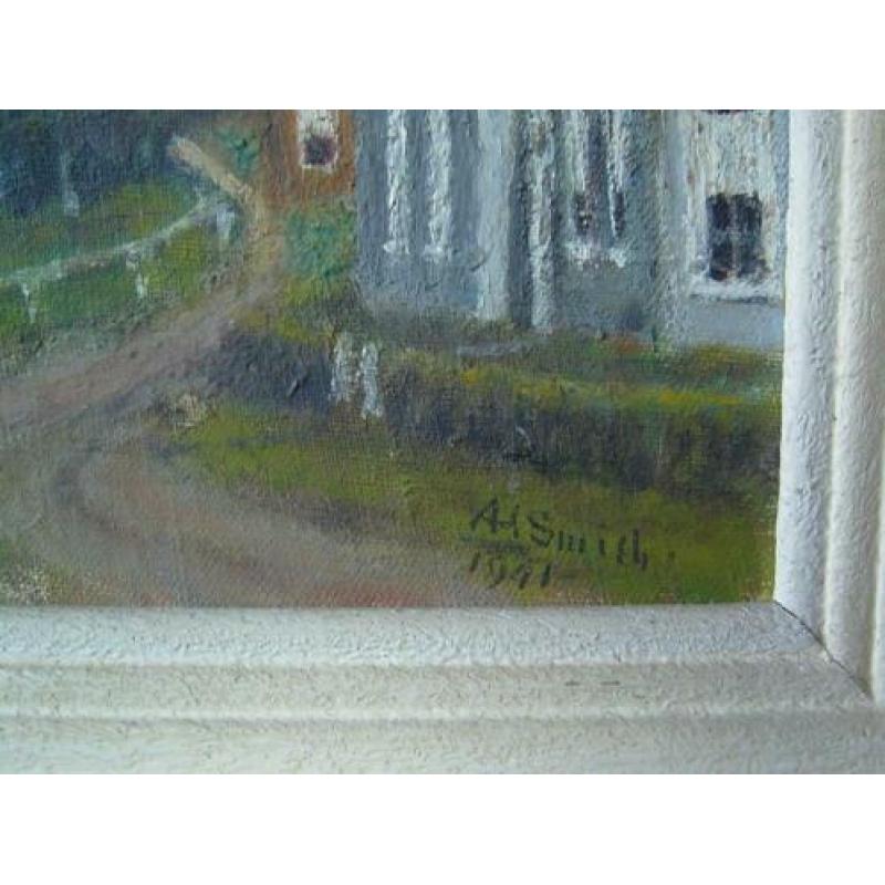 Schilderij op linnen van molen en enkele huisjes gesigneerd