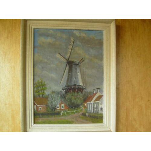 Schilderij op linnen van molen en enkele huisjes gesigneerd