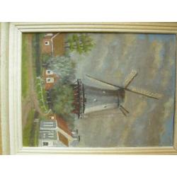 Schilderij op linnen van molen en enkele huisjes gesigneerd