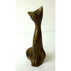 Brons/koper beeldje van zittende kat 2735-b