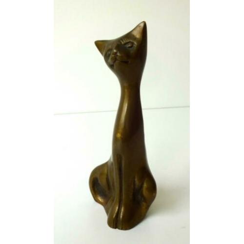 Brons/koper beeldje van zittende kat 2735-b