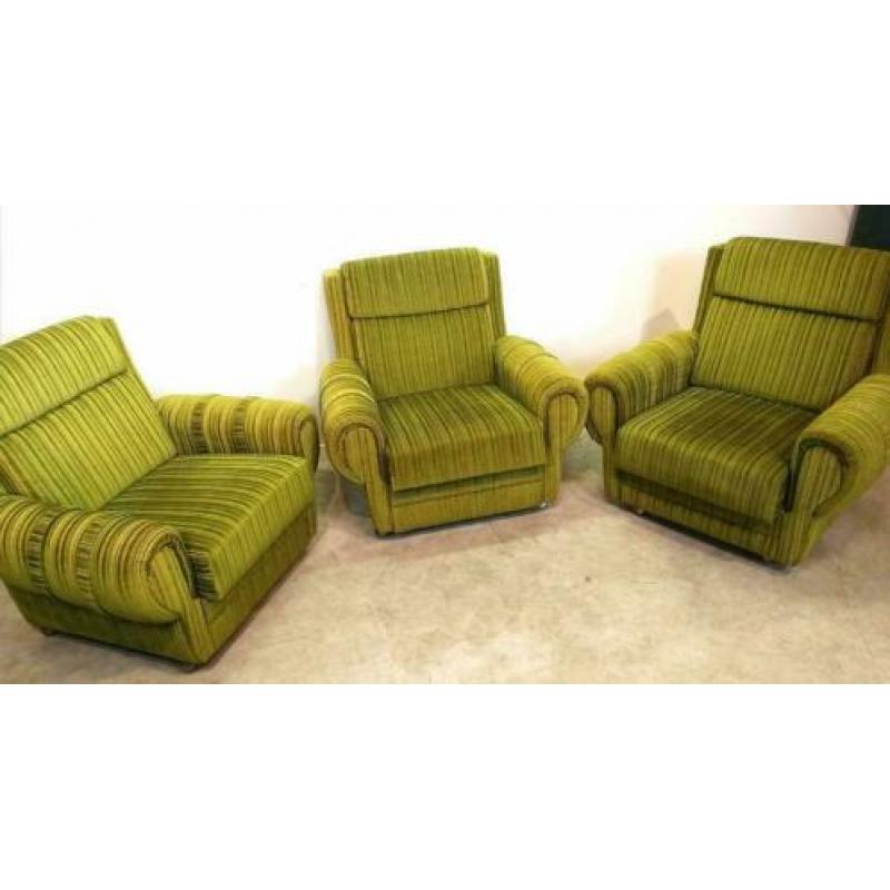 Fauteuils, 3 stuks, groene rib stof, Duitsland, vintage