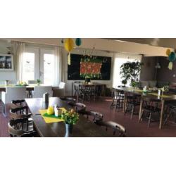 Partij 20 houten stoelen en 6 houten tafels GOEDE STAAT