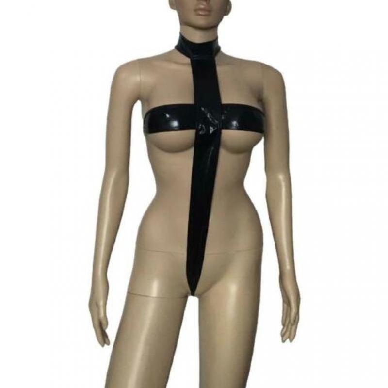Zwarte lak leren dames lingerie pakje teddy bodysuit