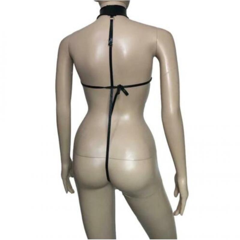 Zwarte lak leren dames lingerie pakje teddy bodysuit