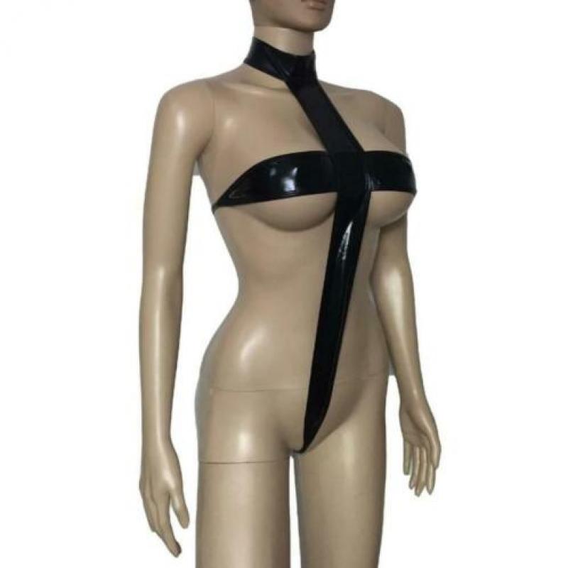 Zwarte lak leren dames lingerie pakje teddy bodysuit