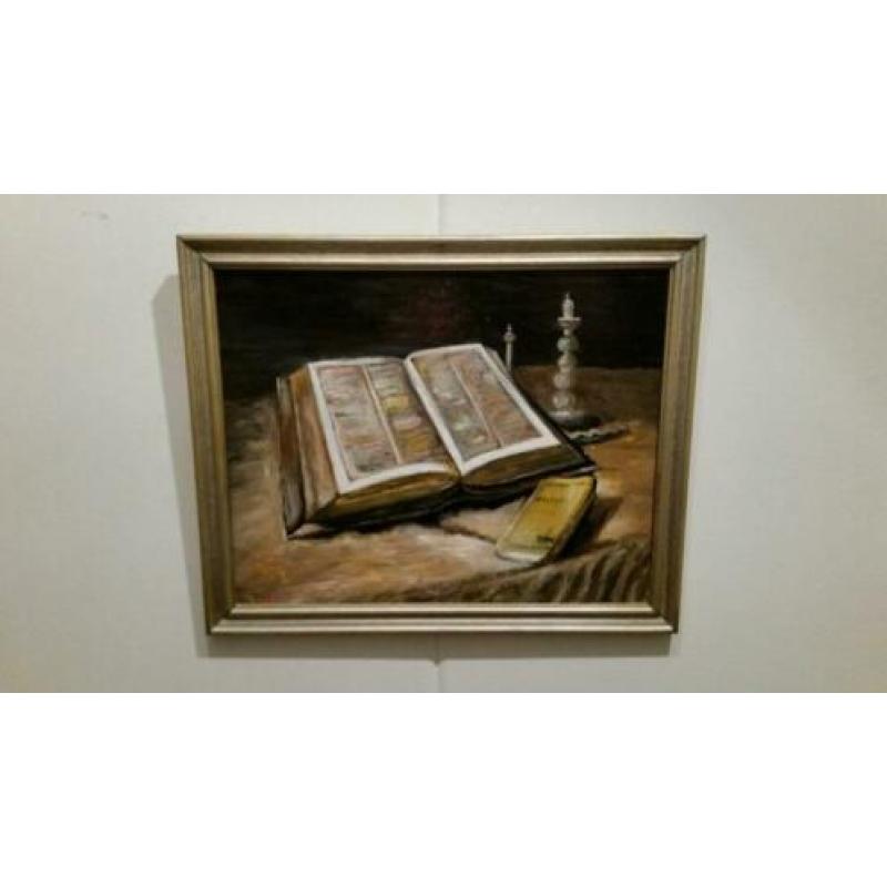 schilderij - olieverf Bijbel met liedbundel