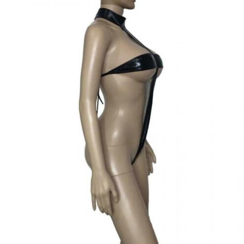 Zwarte lak leren dames lingerie pakje teddy bodysuit