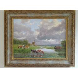 Mooi schilderij koeien aan het water met molen A.J. Temming